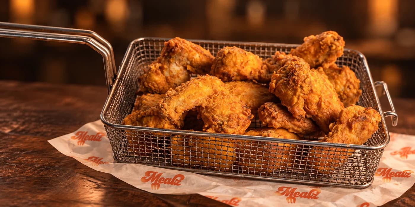 Morceaux de poulet frit MEALZ dans un panier métallique