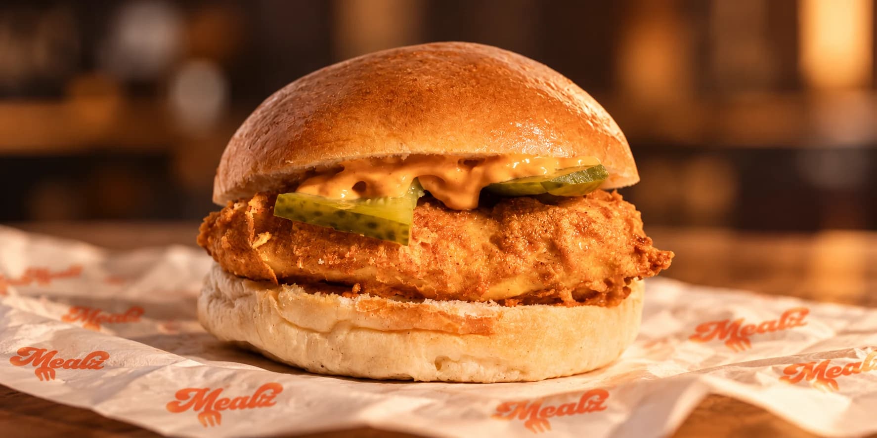 Burger MEALZ au poulet frit croustillant, pickles et sauce